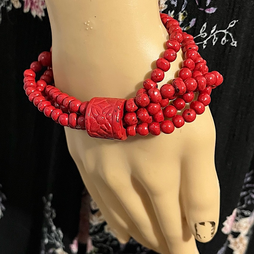 Vintage Boho Layered Red Plastic Bead Stretch Bracelet